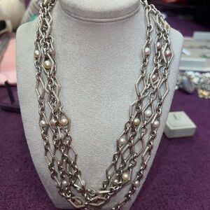 Charles Krypell Multi-Strand Silver Chain Necklace with Pearl Accents